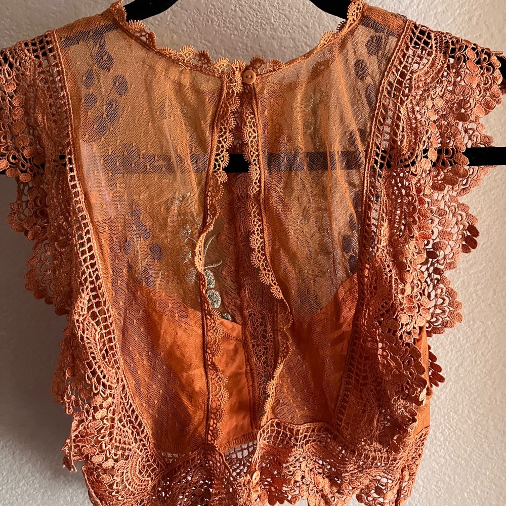 Free People Floral Embroidered Lace Blouse in Rust - Picture 2 of 4